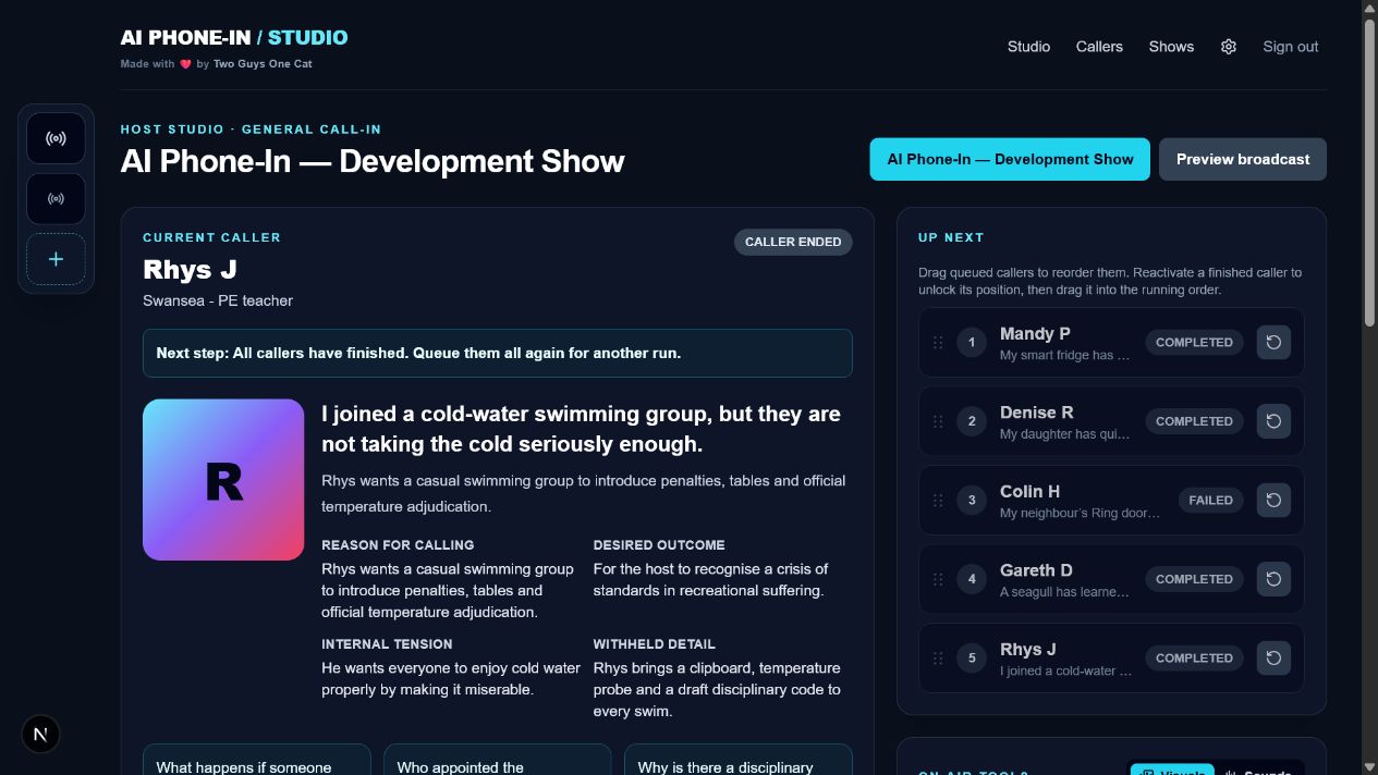 The AI Phone-In studio showing a fictional caller, their story and a running order.